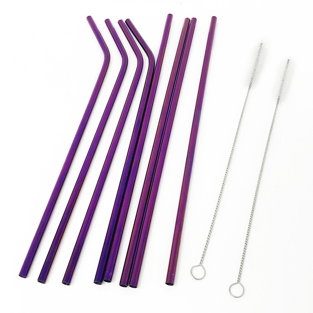 US 8pcs 10.5" Stainless Steel Ultra Long Metal Cocktail Straw + 2 Cleaner Brush