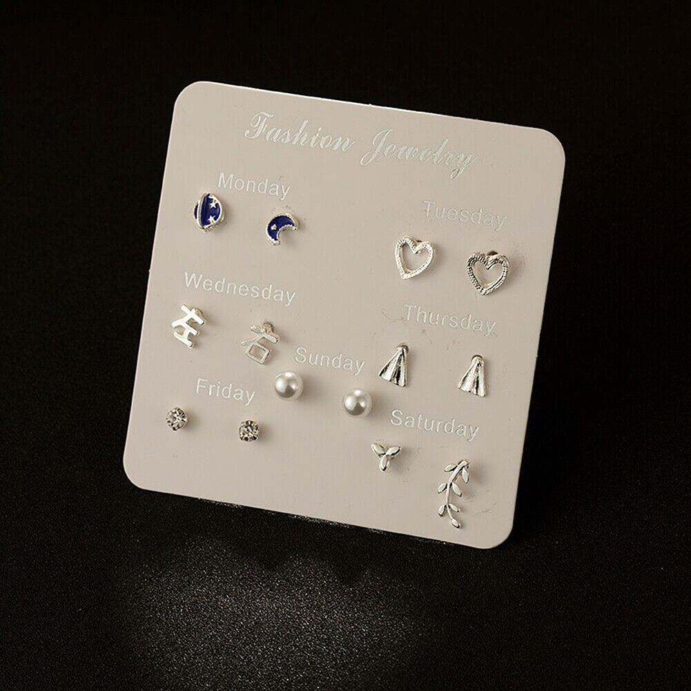 US 6~7 Pairs/Set Korean Style Week Earrings Set Crystal Rhinestone Ear Stud Gift