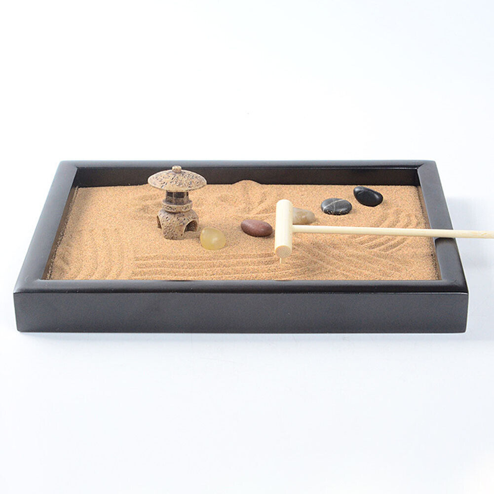 US Tabletop Mini Meditation Zen Garden w/ Pavilion statue Rock Venues Rake Sand