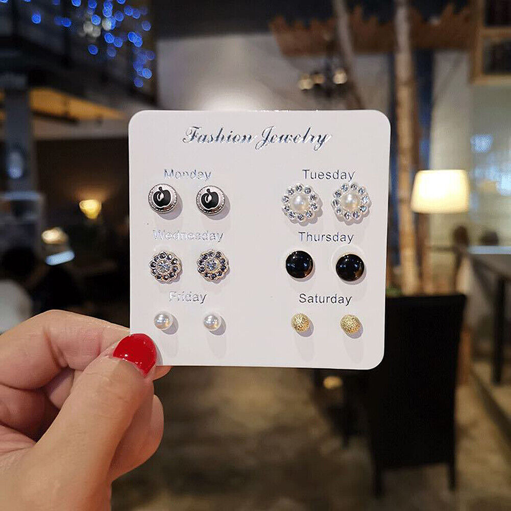 US 6~7 Pairs/Set Korean Style Week Earrings Set Crystal Rhinestone Ear Stud Gift
