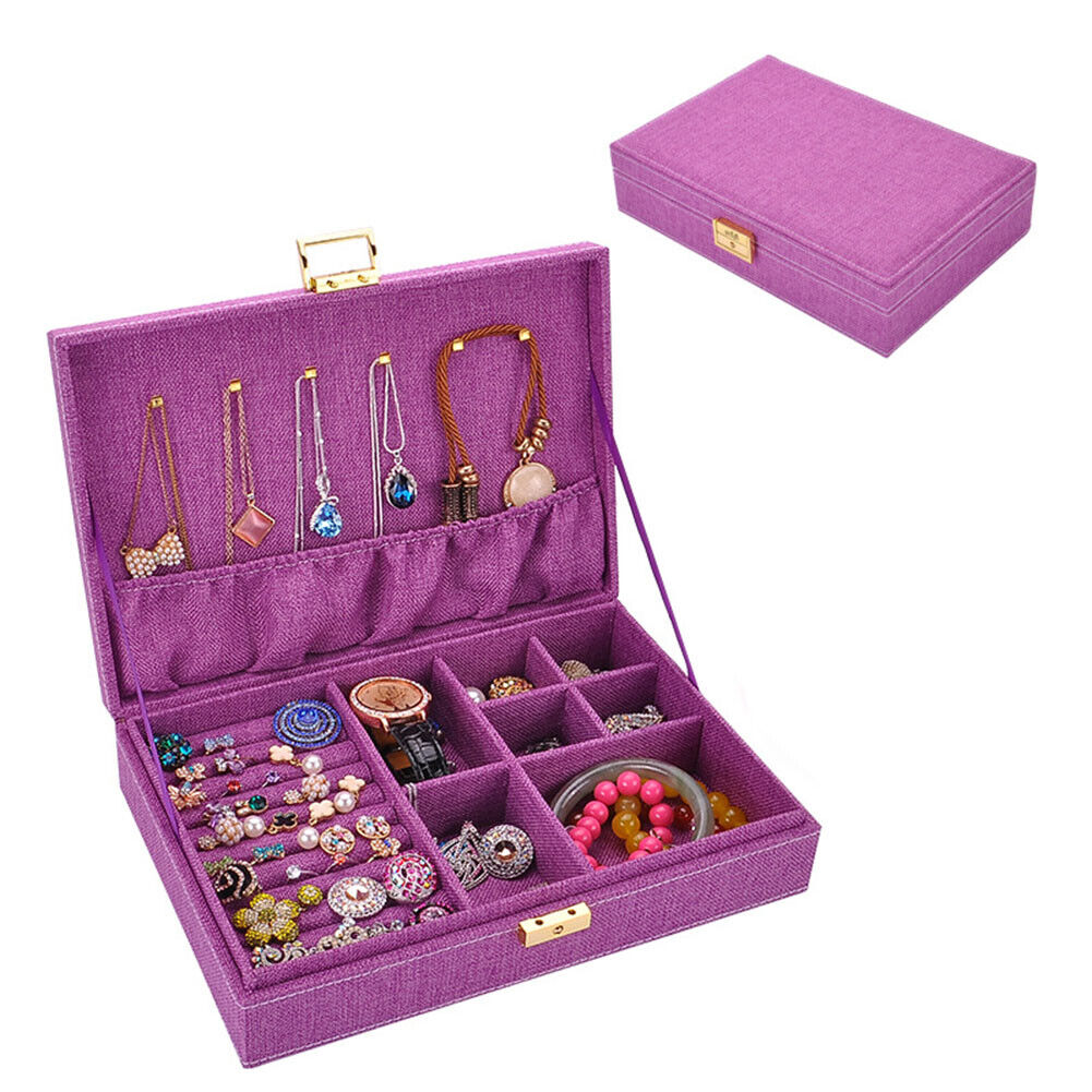 US Two-Layer Lint Large Jewelry Box Organizer Display Storage case with Lock