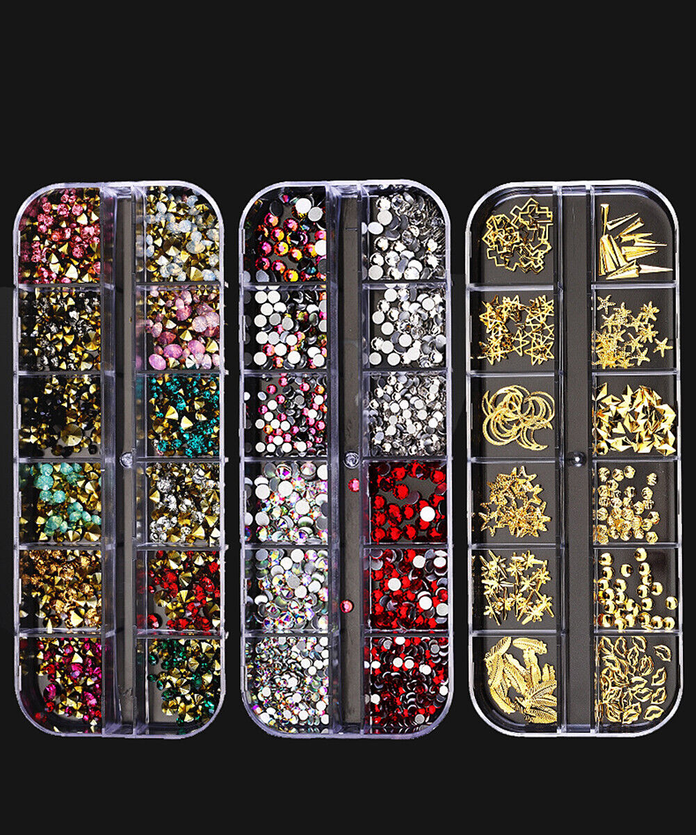 US 12 Grids Nail Glitter Flakes Sequins Rhinestones Pearl Nail Art Decorations