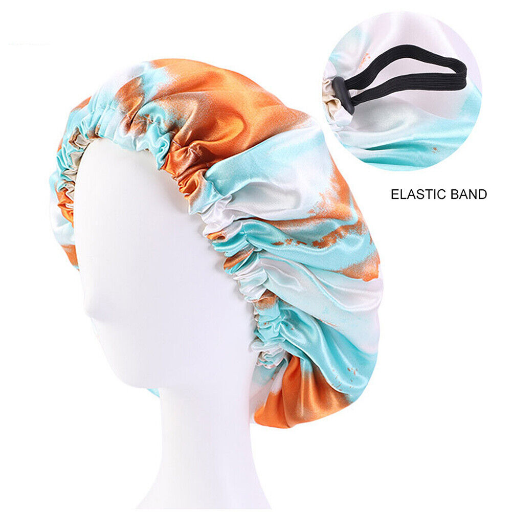 US Double-sided Satin Night Sleep Cap Hair Bonnet Hat Head Cover w/ Elastic Band