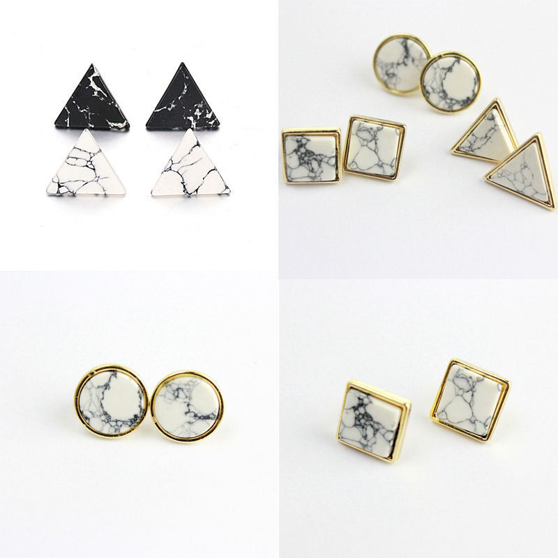 Magik Faux White Black Punk Simple Marble Stone Geometric Shaped Stud Earrings