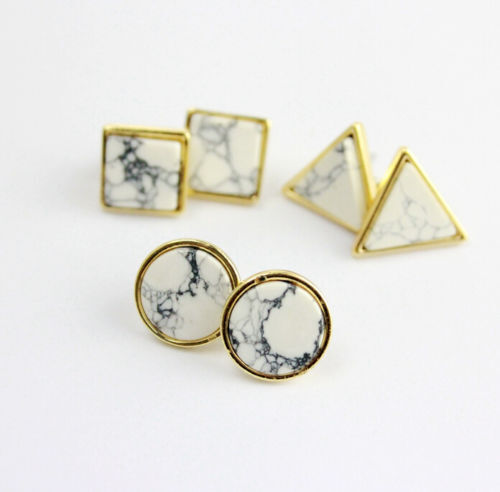 Magik Faux White Black Punk Simple Marble Stone Geometric Shaped Stud Earrings