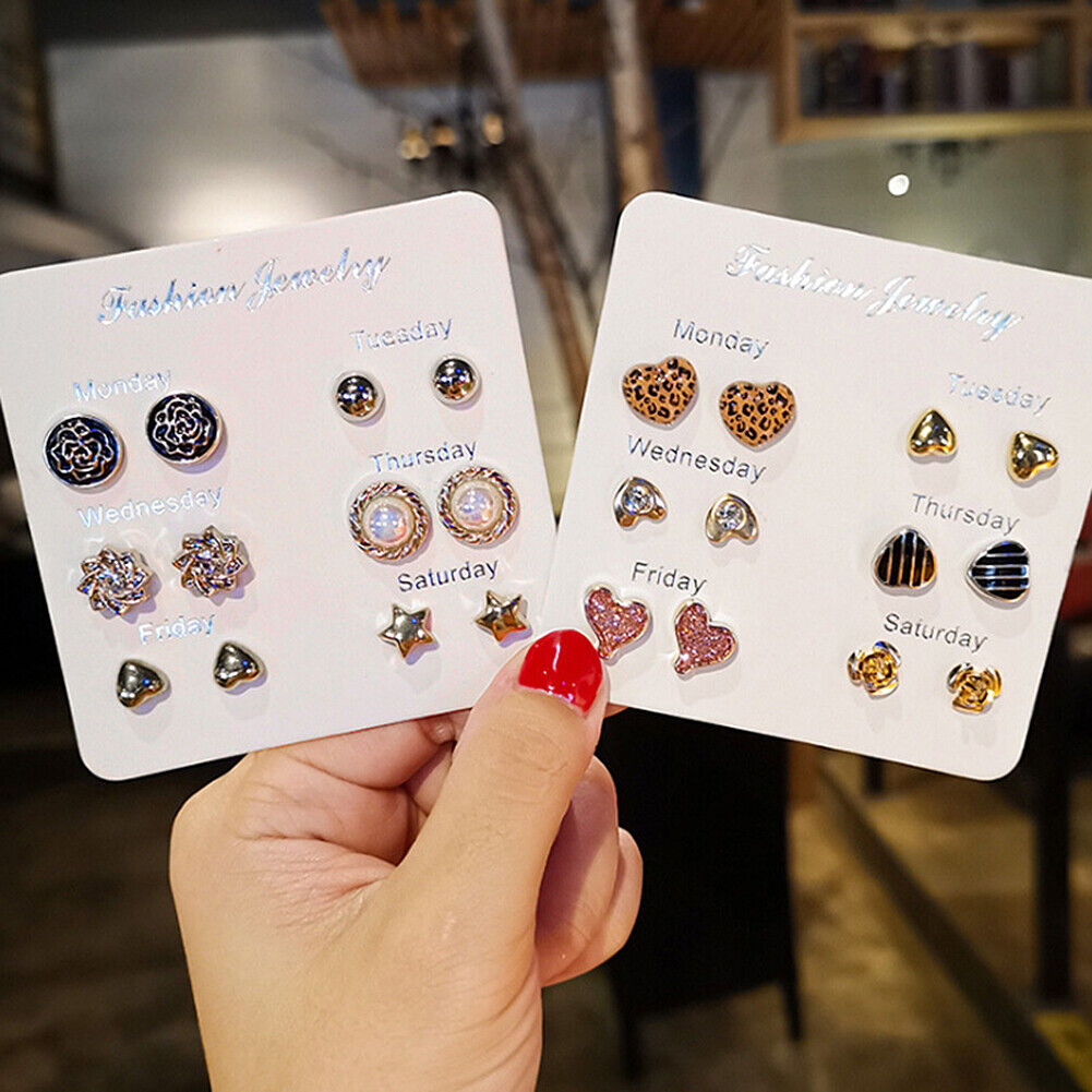 US 6~7 Pairs/Set Korean Style Week Earrings Set Crystal Rhinestone Ear Stud Gift