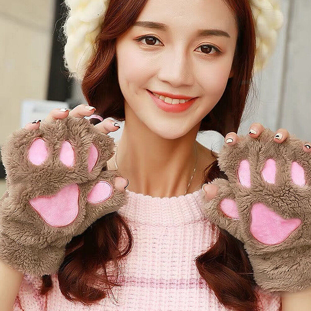 US Cat Claw Bear Paw Gloves Women Warm Plush Faux Fur Cosplay Fingerless Mittens