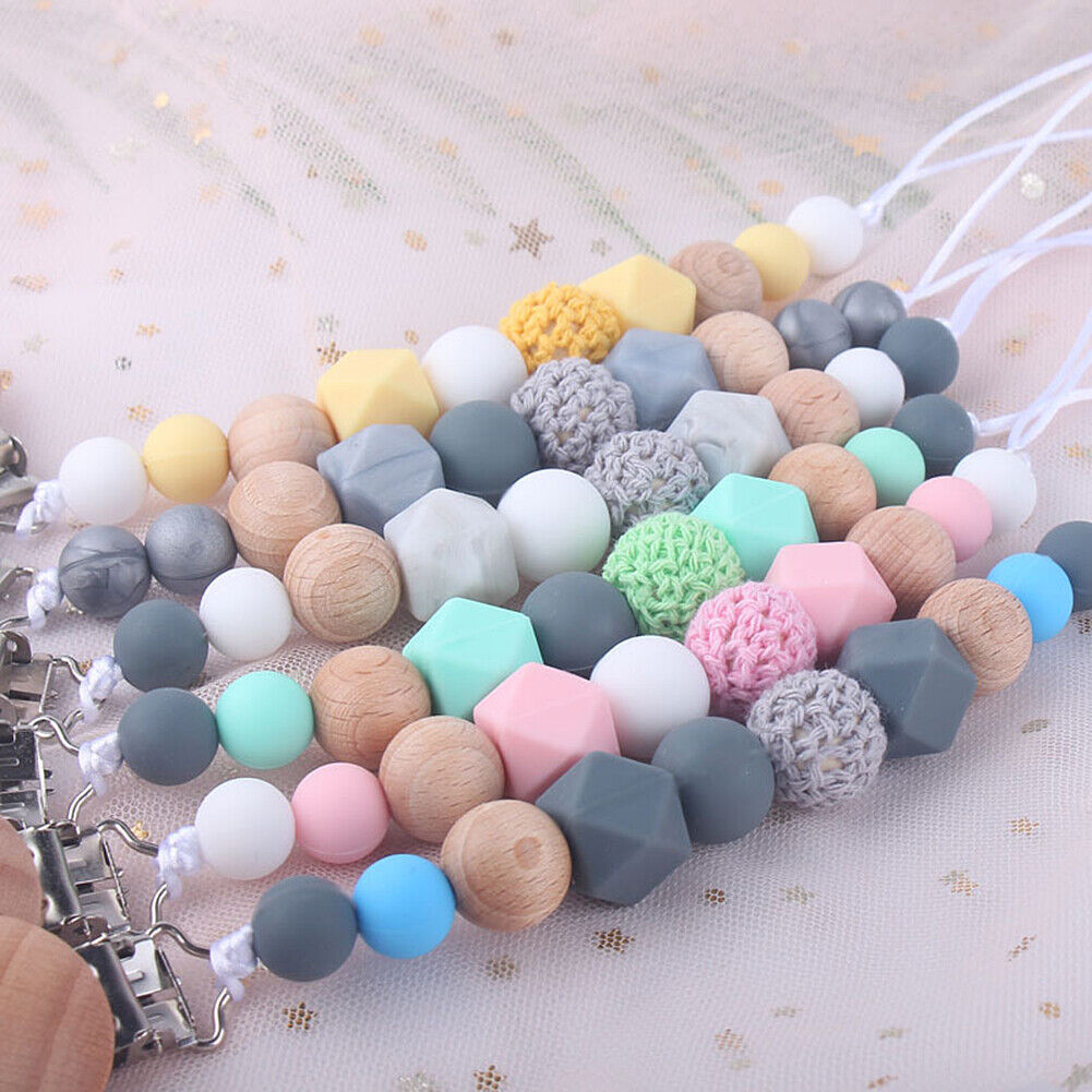 US 1-2 Pack Baby Pacifier Clip Chain Binky Holder Teething Beads Wooden Silicone