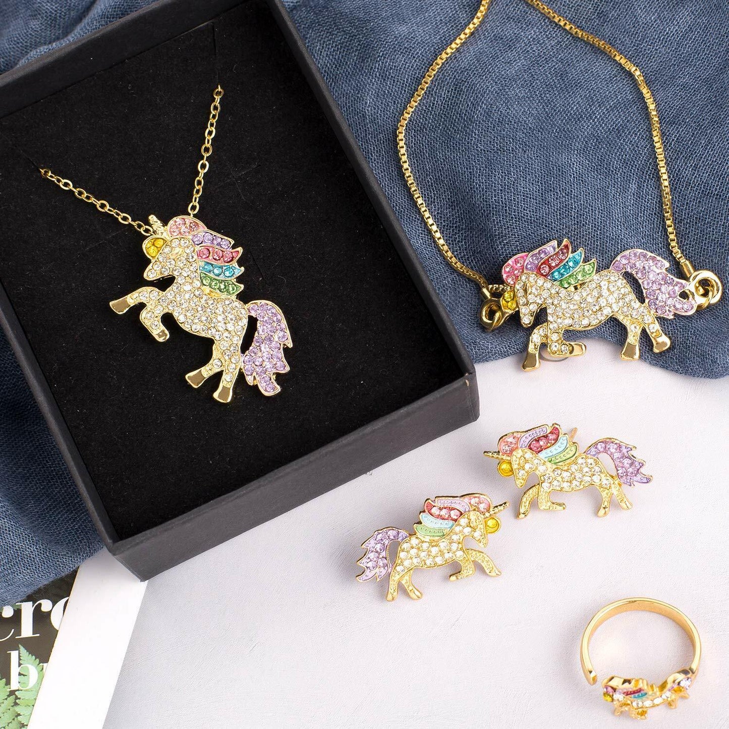 Unicorn Jewelry Set Rainbow Rhinestone Crystal Necklace, Bracelet, Earring,Ring