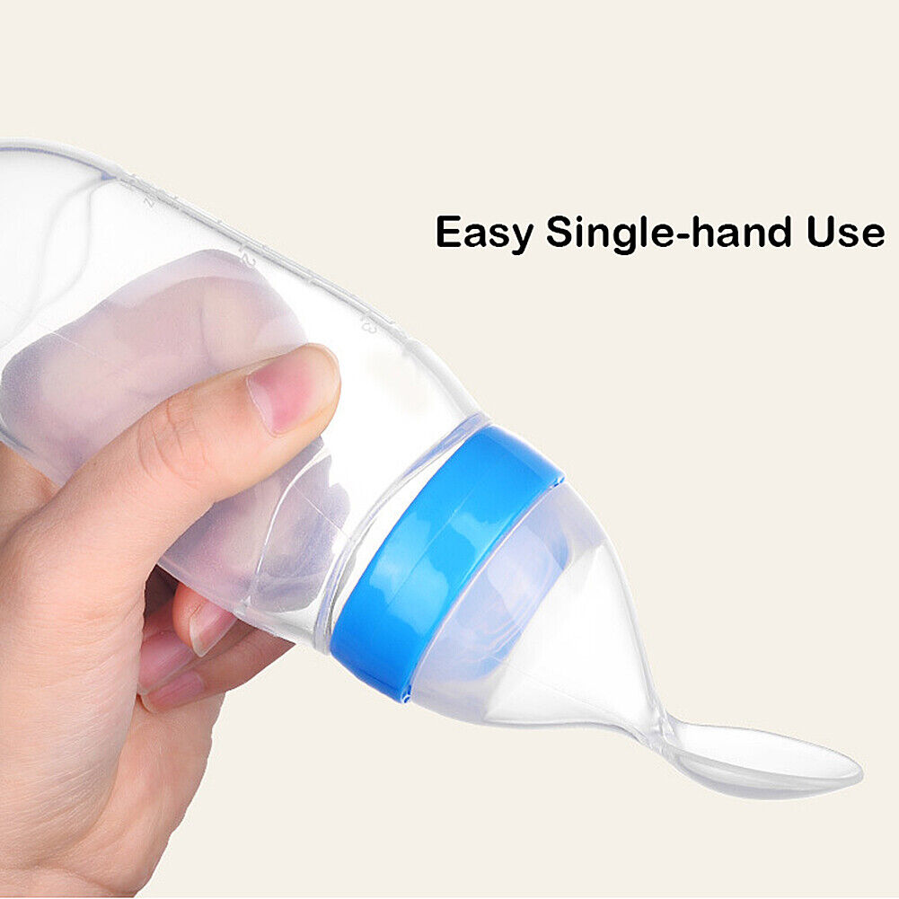 US Baby Silicone Squeeze Feeding Bottle w/Spoon Food Self-stand Feeder 3oz/90ML