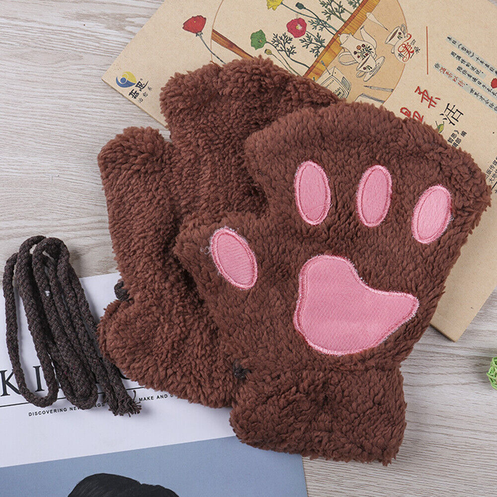 US Cat Claw Bear Paw Gloves Women Warm Plush Faux Fur Cosplay Fingerless Mittens