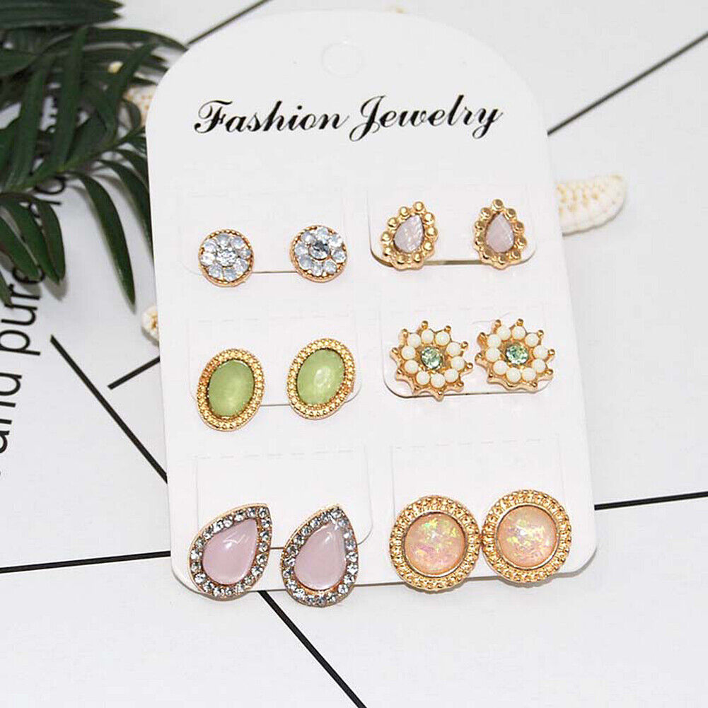 US Lot 4~12 Pairs Rhinestone Crystal Pearl Earrings Set Women Ear Stud Jewelry