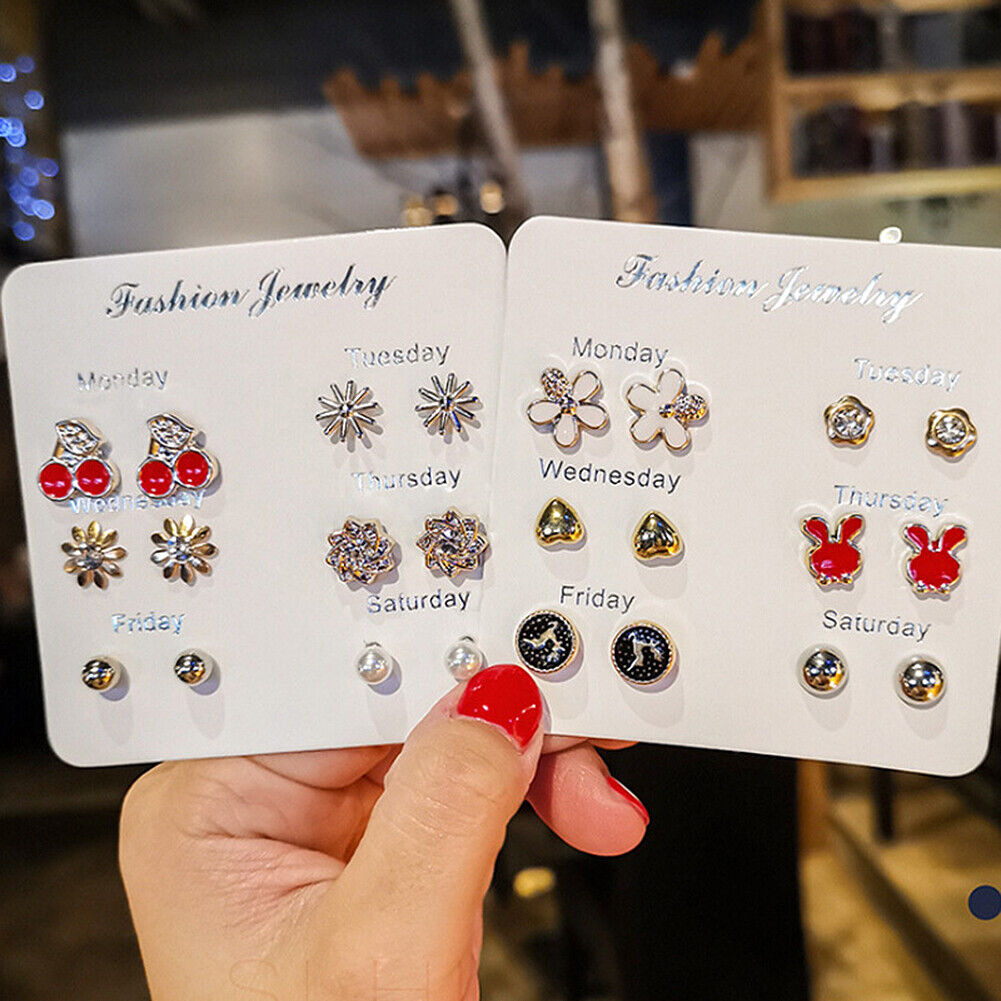 US 6~7 Pairs/Set Korean Style Week Earrings Set Crystal Rhinestone Ear Stud Gift