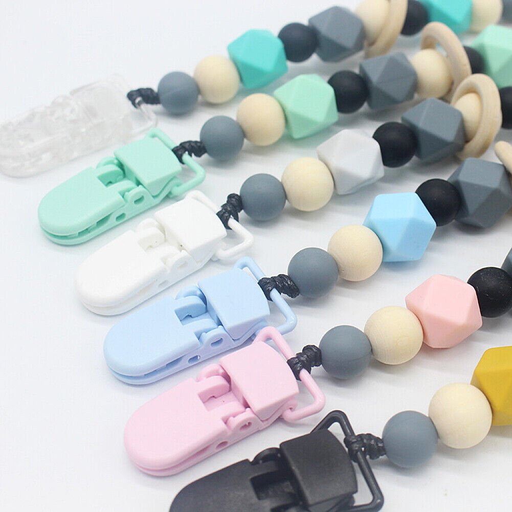 US 1-2 Pack Baby Pacifier Clip Chain Binky Holder Teething Beads Wooden Silicone