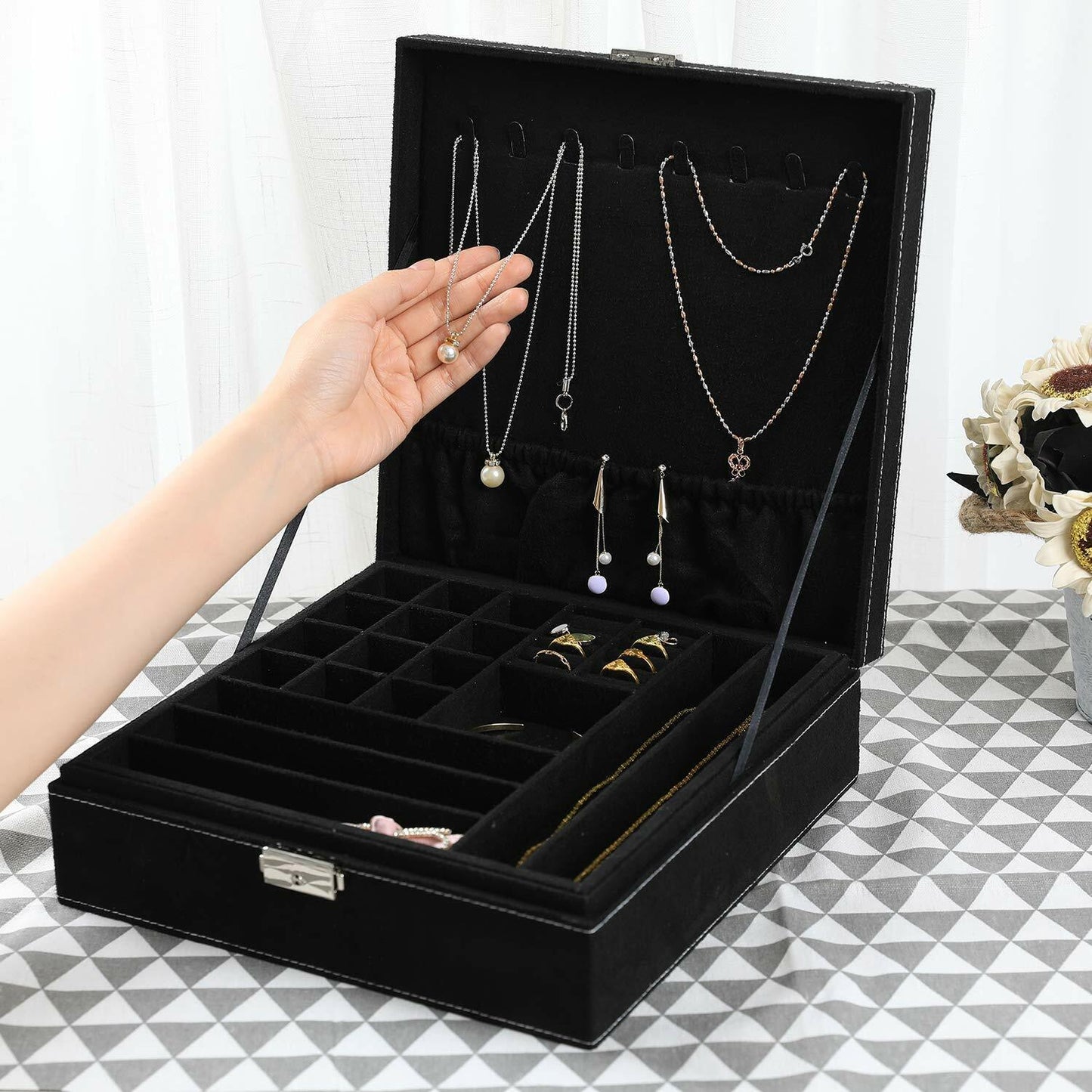 US Two-Layer Lint Large Jewelry Box Organizer Display Storage case with Lock