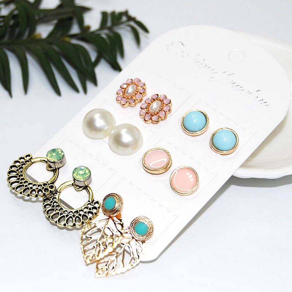 US Lot 4~12 Pairs Rhinestone Crystal Pearl Earrings Set Women Ear Stud Jewelry