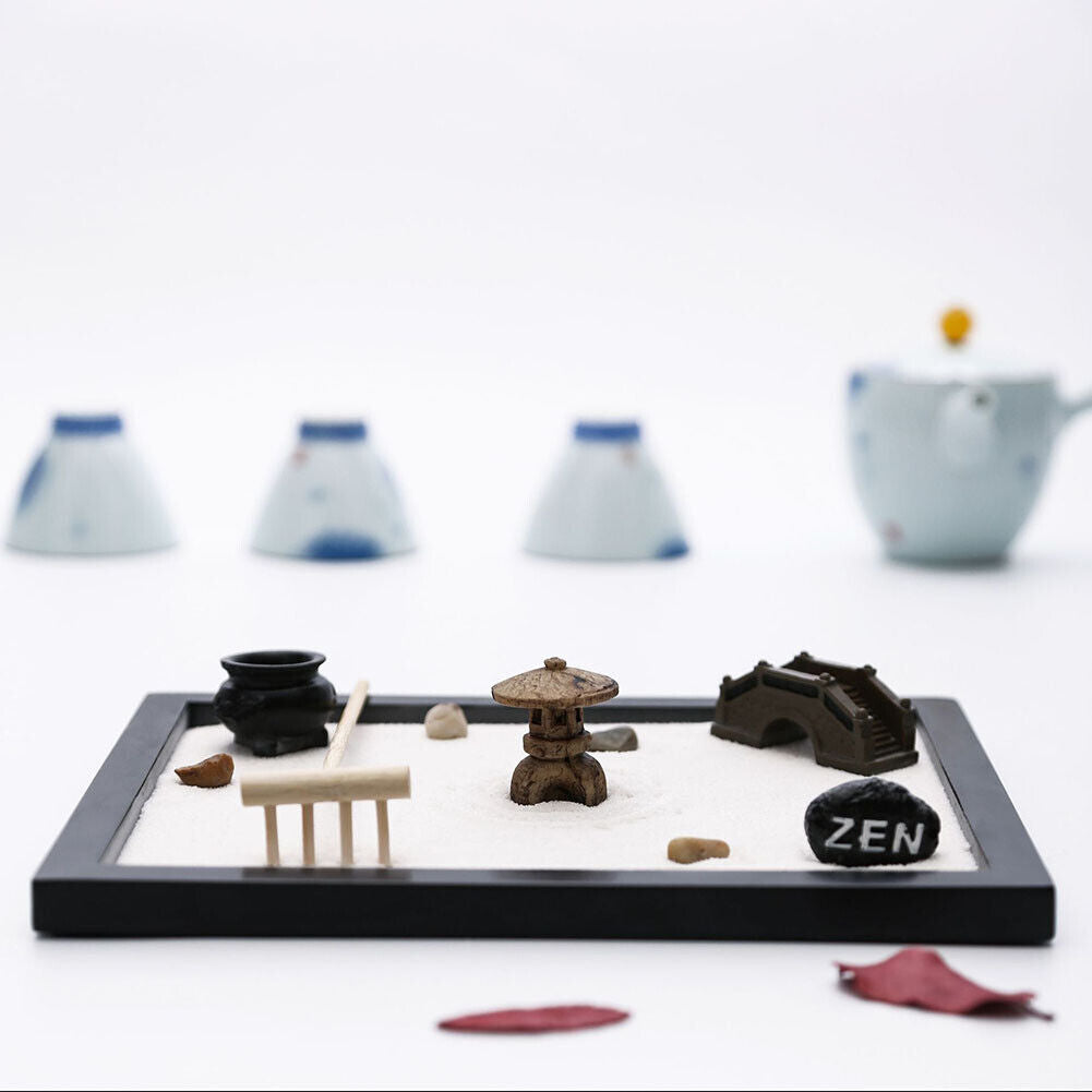 US Tabletop Mini Meditation Zen Garden w/ Pavilion statue Rock Venues Rake Sand
