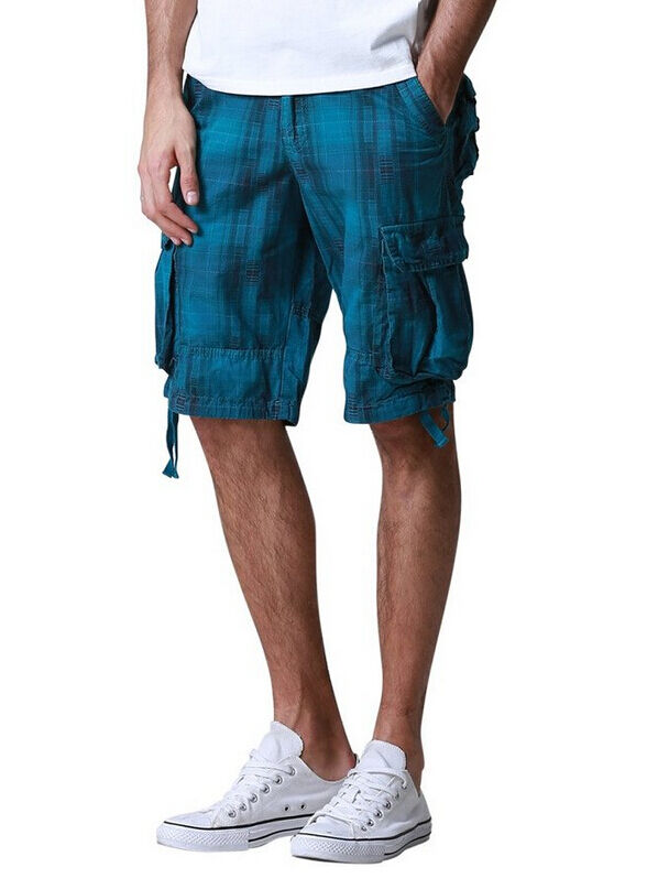 Match Men's Solid & Checked Cargo Shorts #3536, Blue Grid