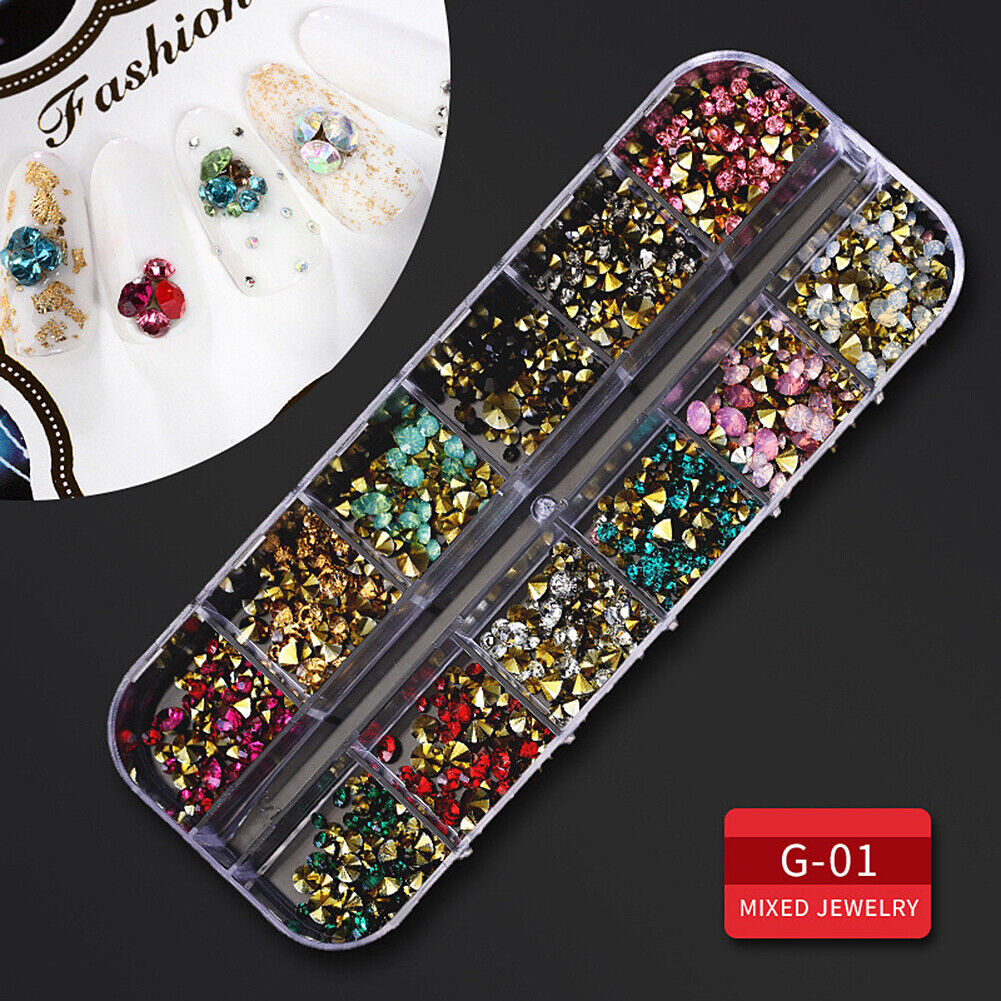 US 12 Grids Nail Glitter Flakes Sequins Rhinestones Pearl Nail Art Decorations