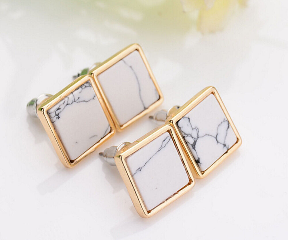 Magik Faux White Black Punk Simple Marble Stone Geometric Shaped Stud Earrings