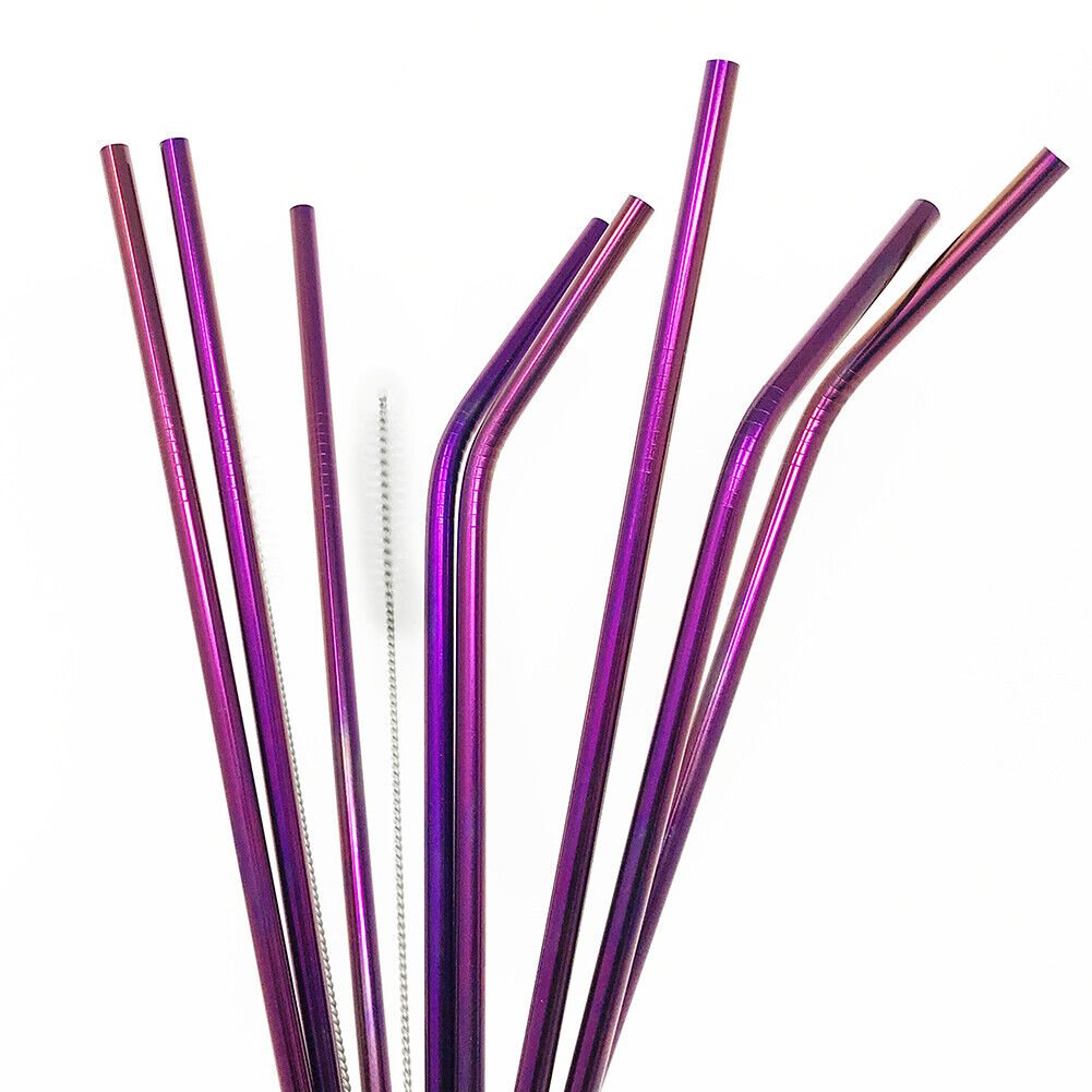 US 8pcs 10.5" Stainless Steel Ultra Long Metal Cocktail Straw + 2 Cleaner Brush