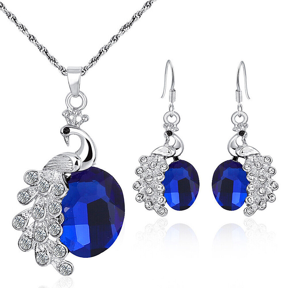 US 2 Pcs Pearl Rhinestone Crystal Peacock Themed Necklace + Earrings Jewelry Set