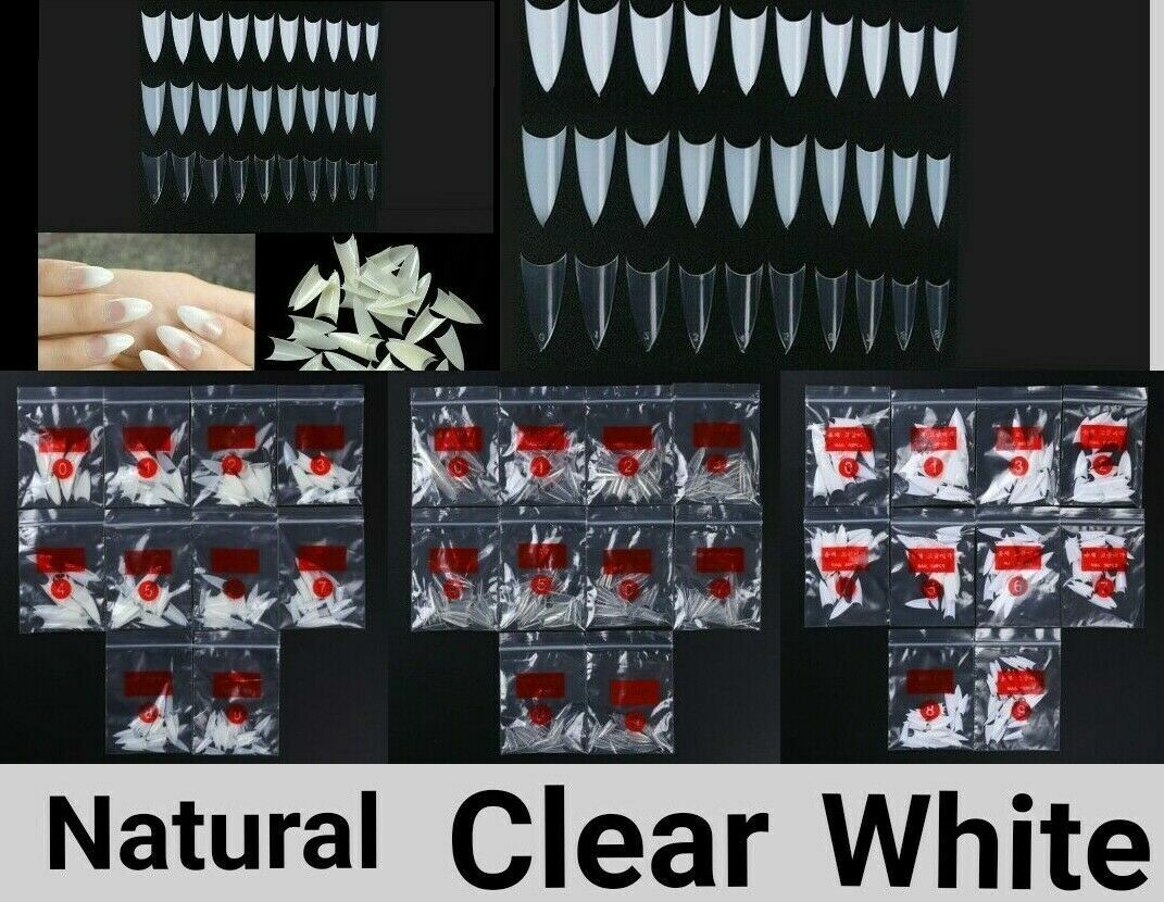 US 500-1000Pcs Stiletto French False Fake Acrylic Nail Tips Coffin Nails Long