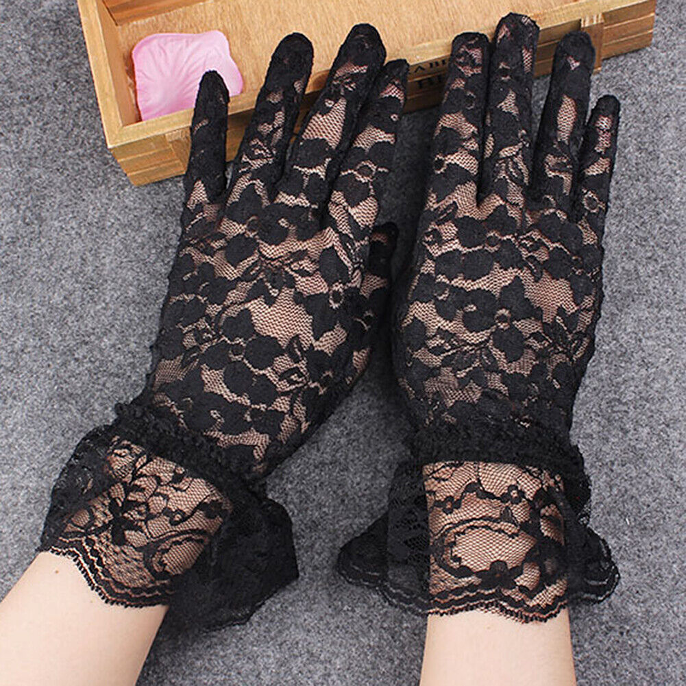 US 1-2 Pairs Sexy Lace Wrist Length Gloves w/ Ruffle Bride Wedding Prom Anti UV