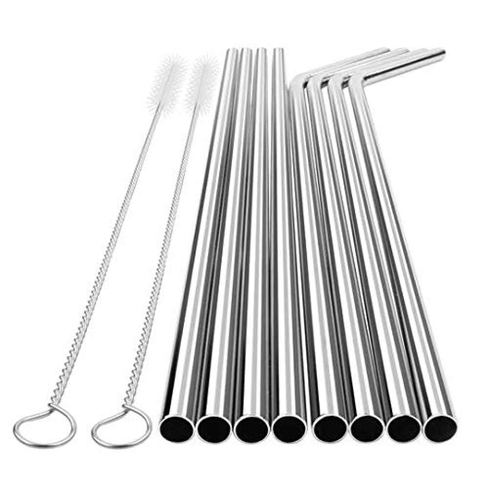 US 8pcs 10.5" Stainless Steel Ultra Long Metal Cocktail Straw + 2 Cleaner Brush