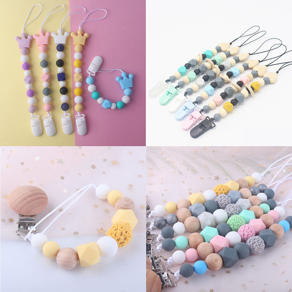 US 1-2 Pack Baby Pacifier Clip Chain Binky Holder Teething Beads Wooden Silicone