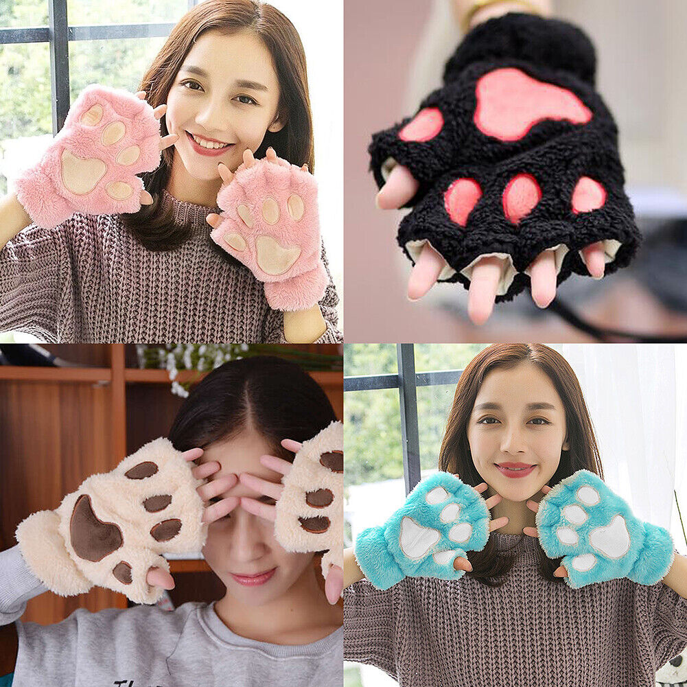 US Cat Claw Bear Paw Gloves Women Warm Plush Faux Fur Cosplay Fingerless Mittens