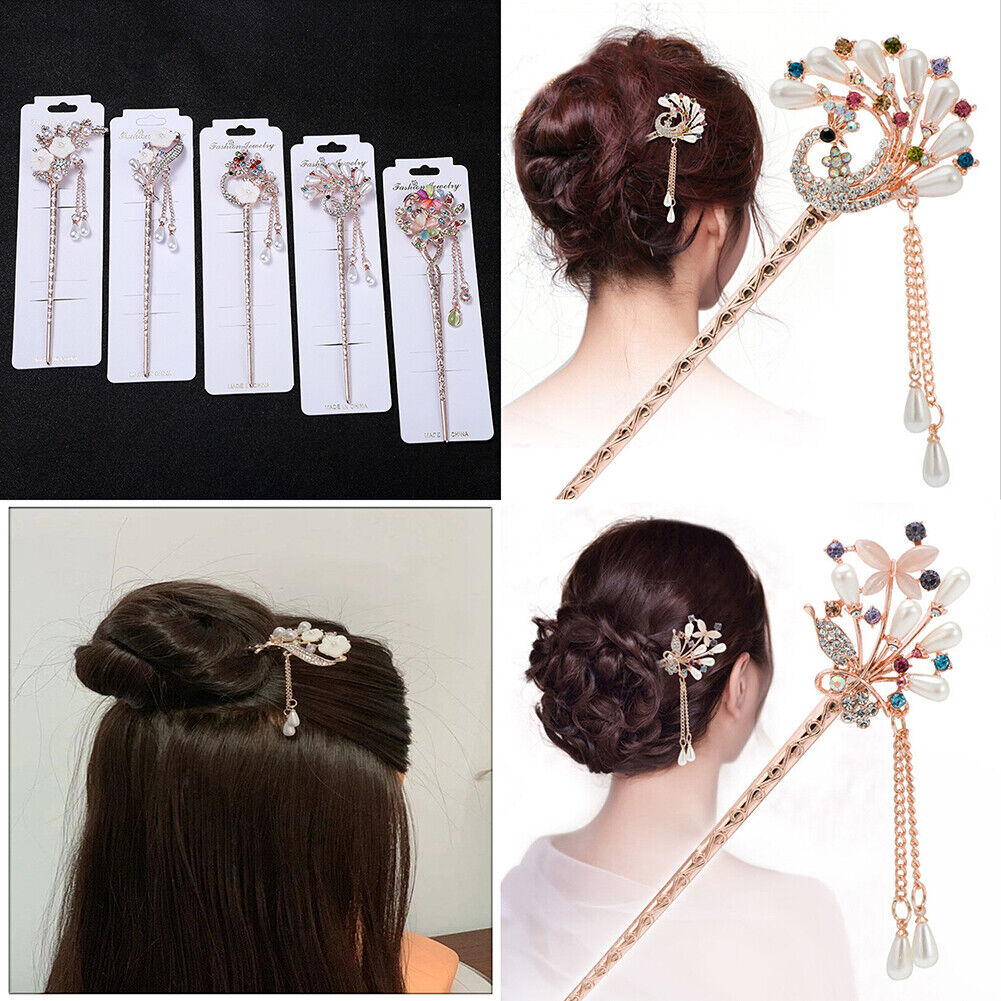 US Vintage Chinese Style Rhinestone Hair Chopsticks Stick Hairpin Chignon Pin