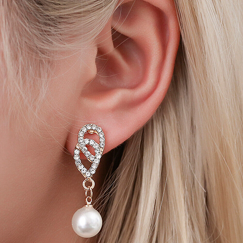 US 2 Pcs Pearl Rhinestone Crystal Peacock Themed Necklace + Earrings Jewelry Set