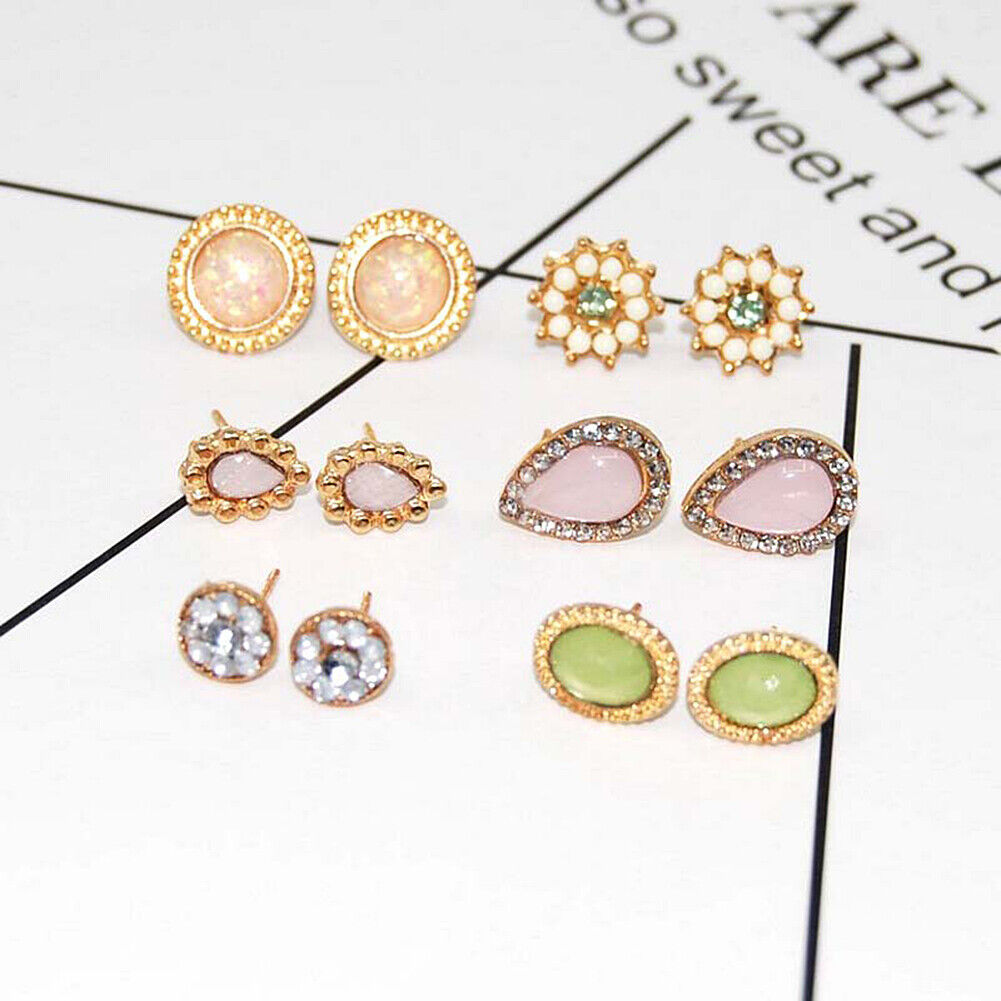 US Lot 4~12 Pairs Rhinestone Crystal Pearl Earrings Set Women Ear Stud Jewelry