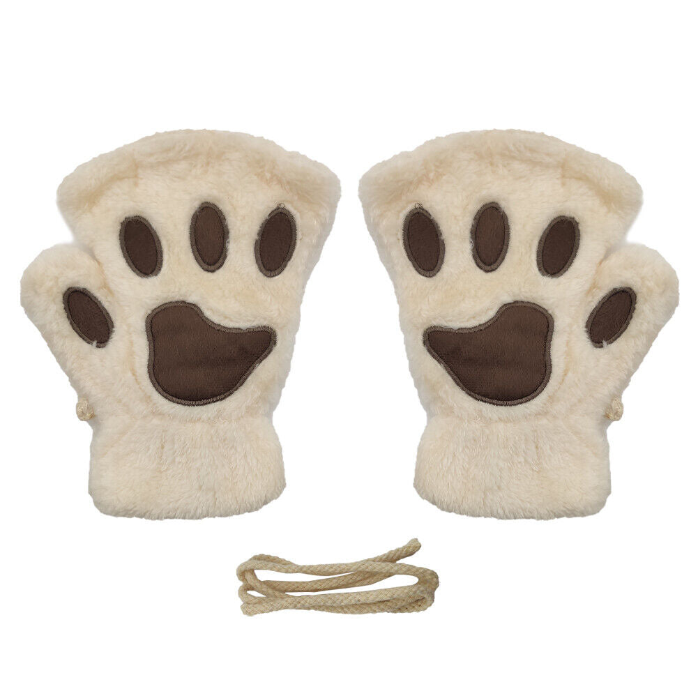 US Cat Claw Bear Paw Gloves Women Warm Plush Faux Fur Cosplay Fingerless Mittens