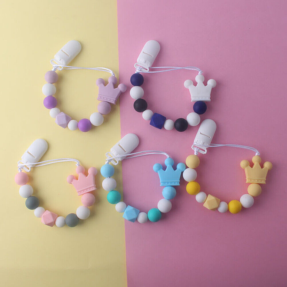 US 1-2 Pack Baby Pacifier Clip Chain Binky Holder Teething Beads Wooden Silicone