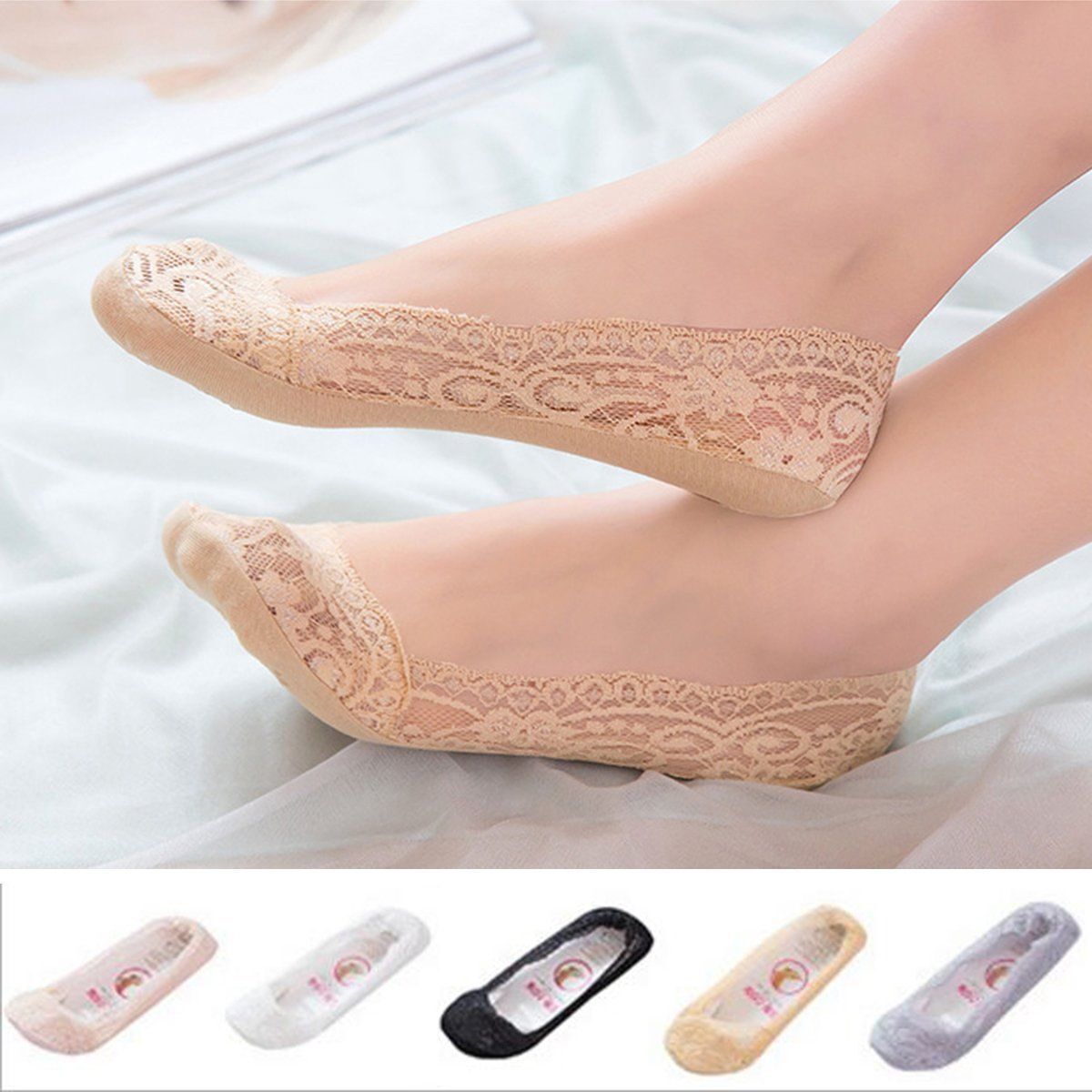 5 Pack Low Cut Lace Liner Boat Socks Ballet Plain Footies w/ Anti-slippery pads