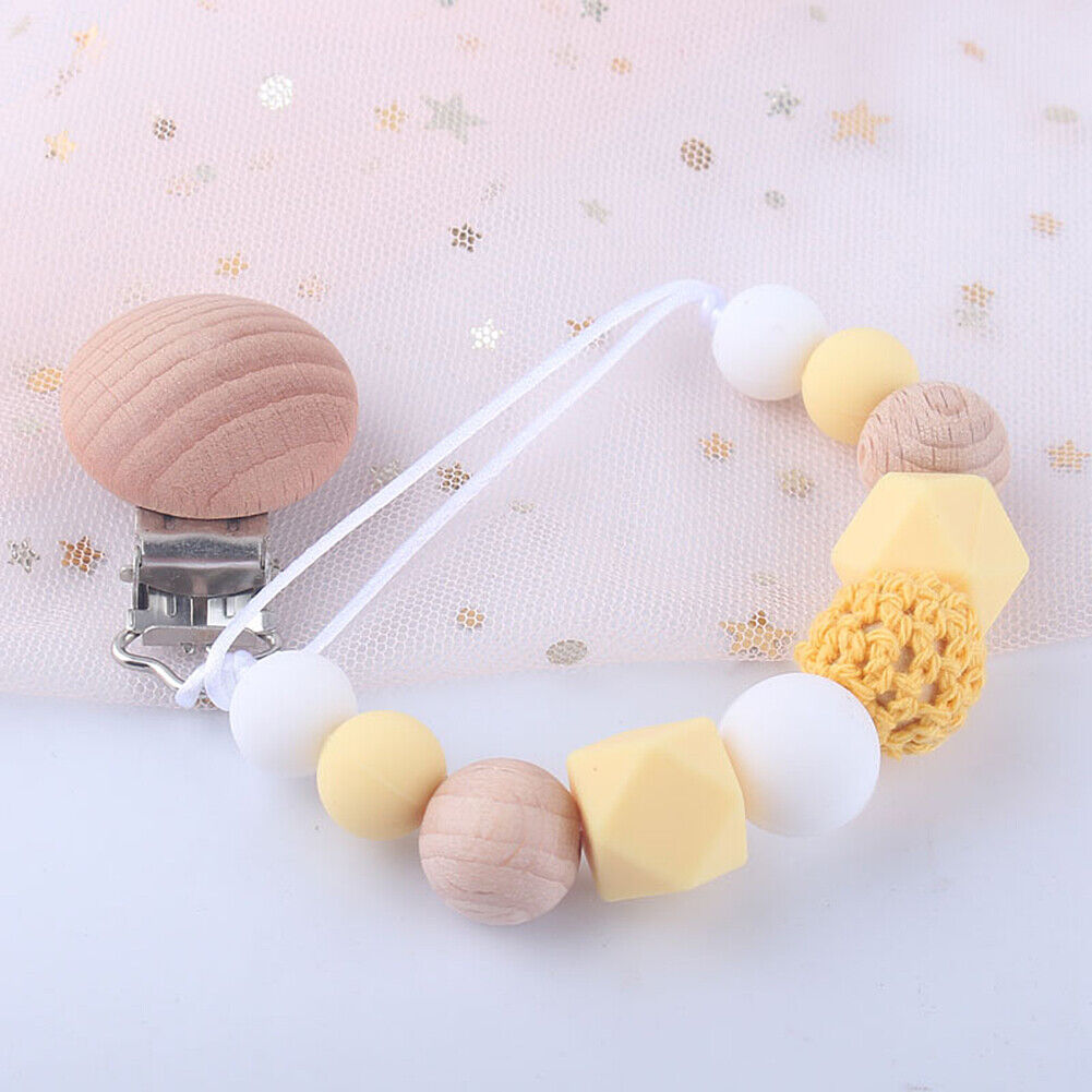 US 1-2 Pack Baby Pacifier Clip Chain Binky Holder Teething Beads Wooden Silicone