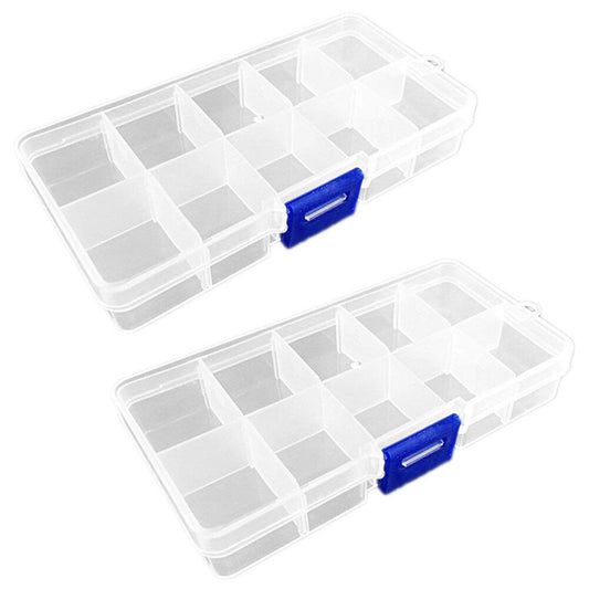 2 Pack Plastic Storage Box Jewelry Earring Tool Containers w/Divider, 10-15 Grid