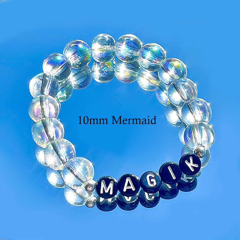 Magik Custom Name Glass Bead Soap Bubbles Mermaid Holographic Aura Mama Bracelet