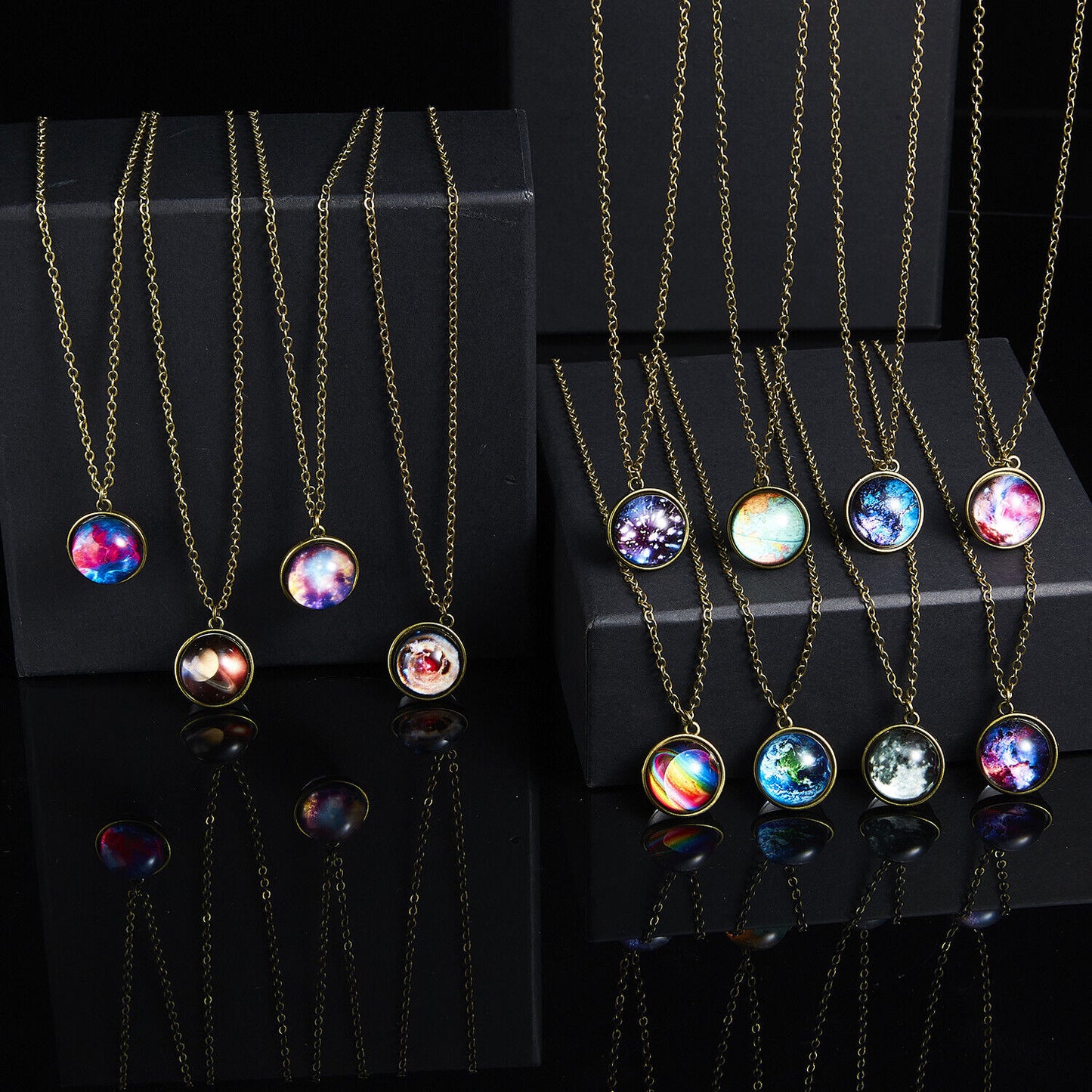 Glow in the Dark Galaxy Universe Stars Double Sided Glass Dome Planet NecklaceUS