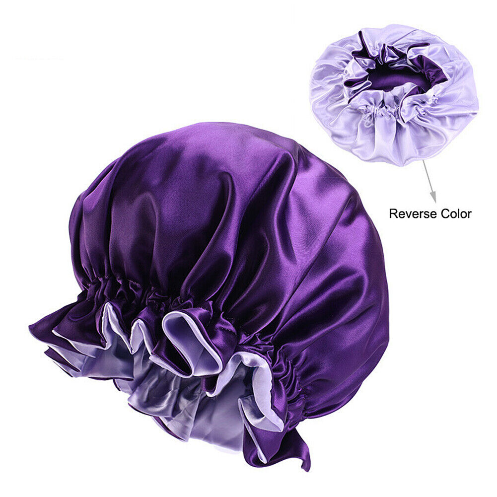 US Double-sided Satin Night Sleep Cap Hair Bonnet Hat Head Cover w/ Elastic Band