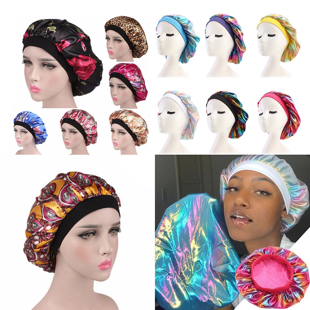 US Women Satin Night Sleep Cap Hair Bonnet Hat Silk Head Cover Wide Elastic Band