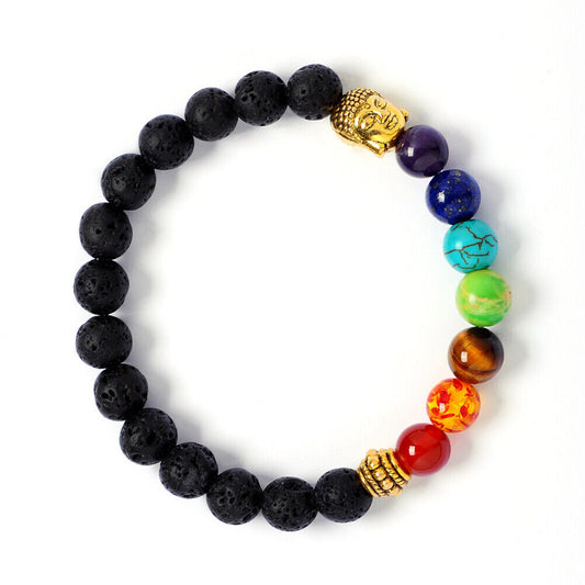 US 7-Chakra Healing Buddha Lion Drum Beads Lava Stone Reiki Meditation Bracelet