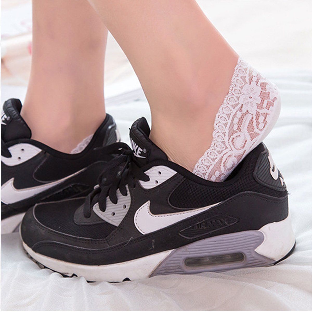 5 Pack Low Cut Lace Liner Boat Socks Ballet Plain Footies w/ Anti-slippery pads