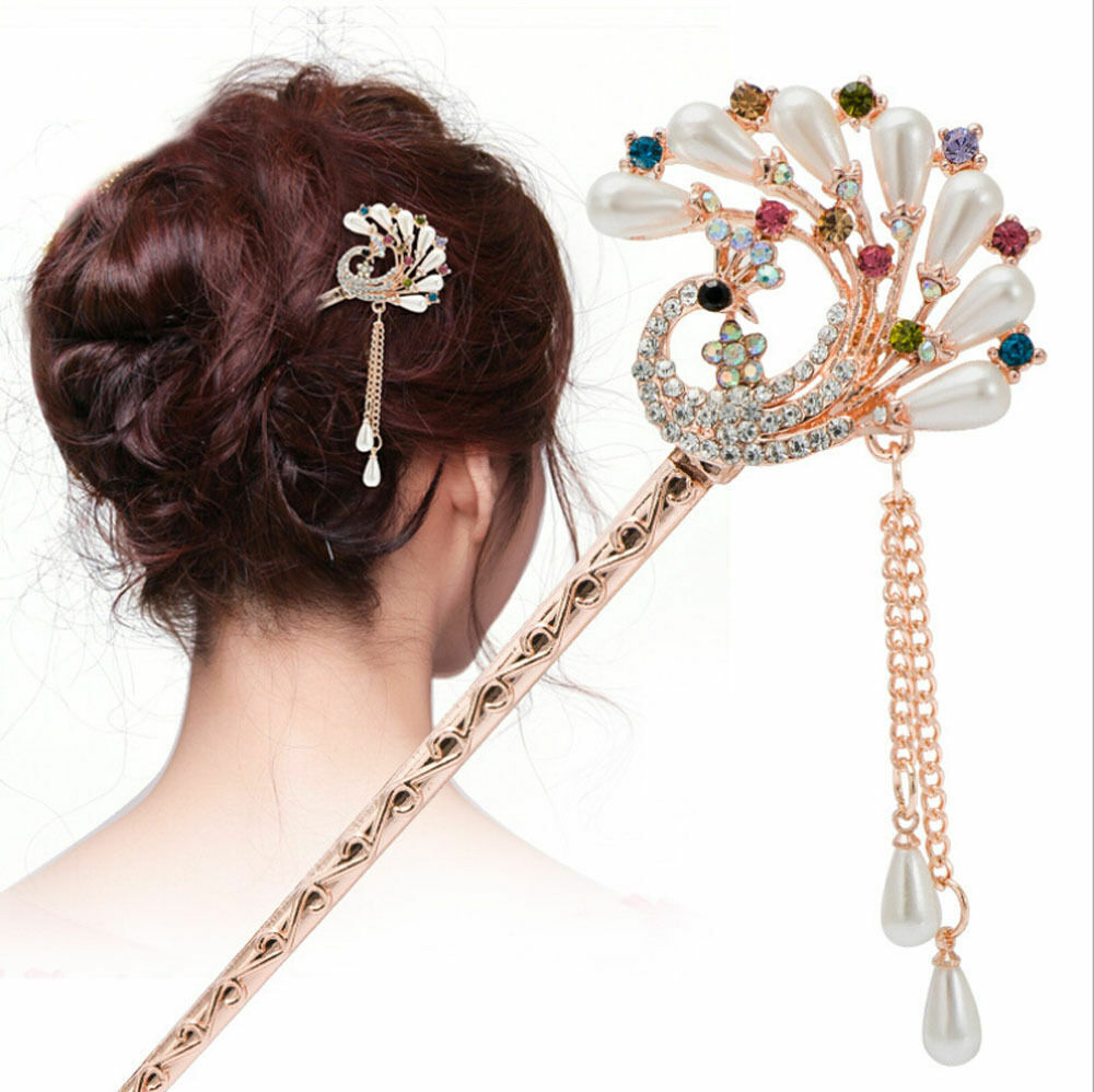 US Vintage Chinese Style Rhinestone Hair Chopsticks Stick Hairpin Chignon Pin