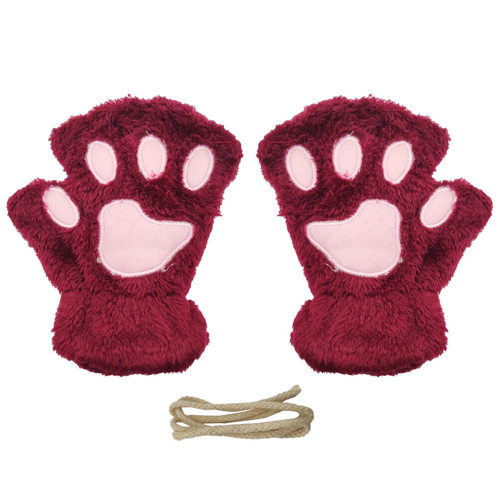 US Cat Claw Bear Paw Gloves Women Warm Plush Faux Fur Cosplay Fingerless Mittens