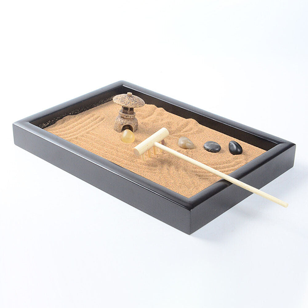 US Tabletop Mini Meditation Zen Garden w/ Pavilion statue Rock Venues Rake Sand
