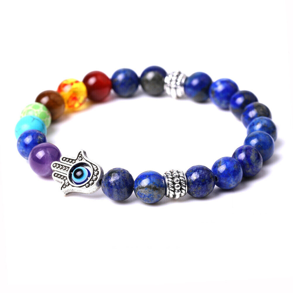 US 1-2Pcs Hamsa Hand Fatima 7-Chakra Lava Agate Beads Bracelet Reiki Energy Yoga