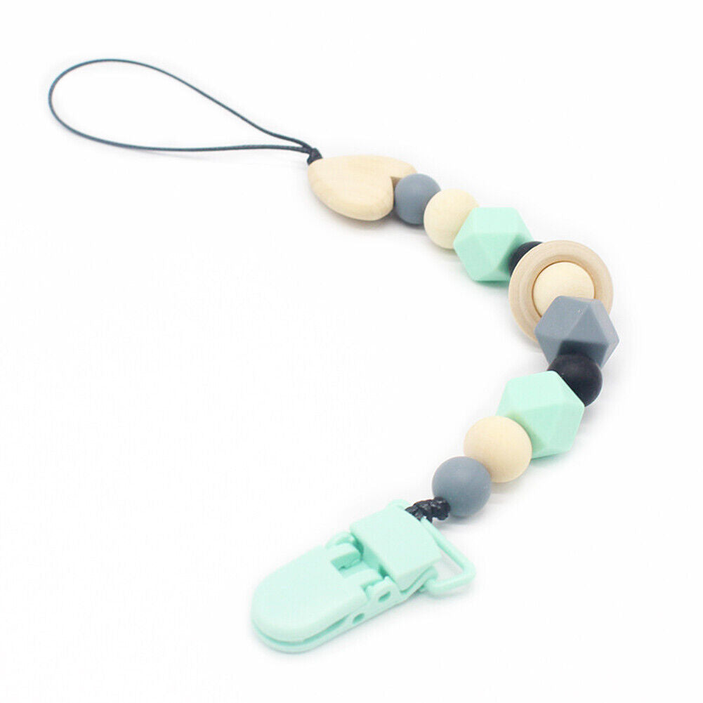 US 1-2 Pack Baby Pacifier Clip Chain Binky Holder Teething Beads Wooden Silicone